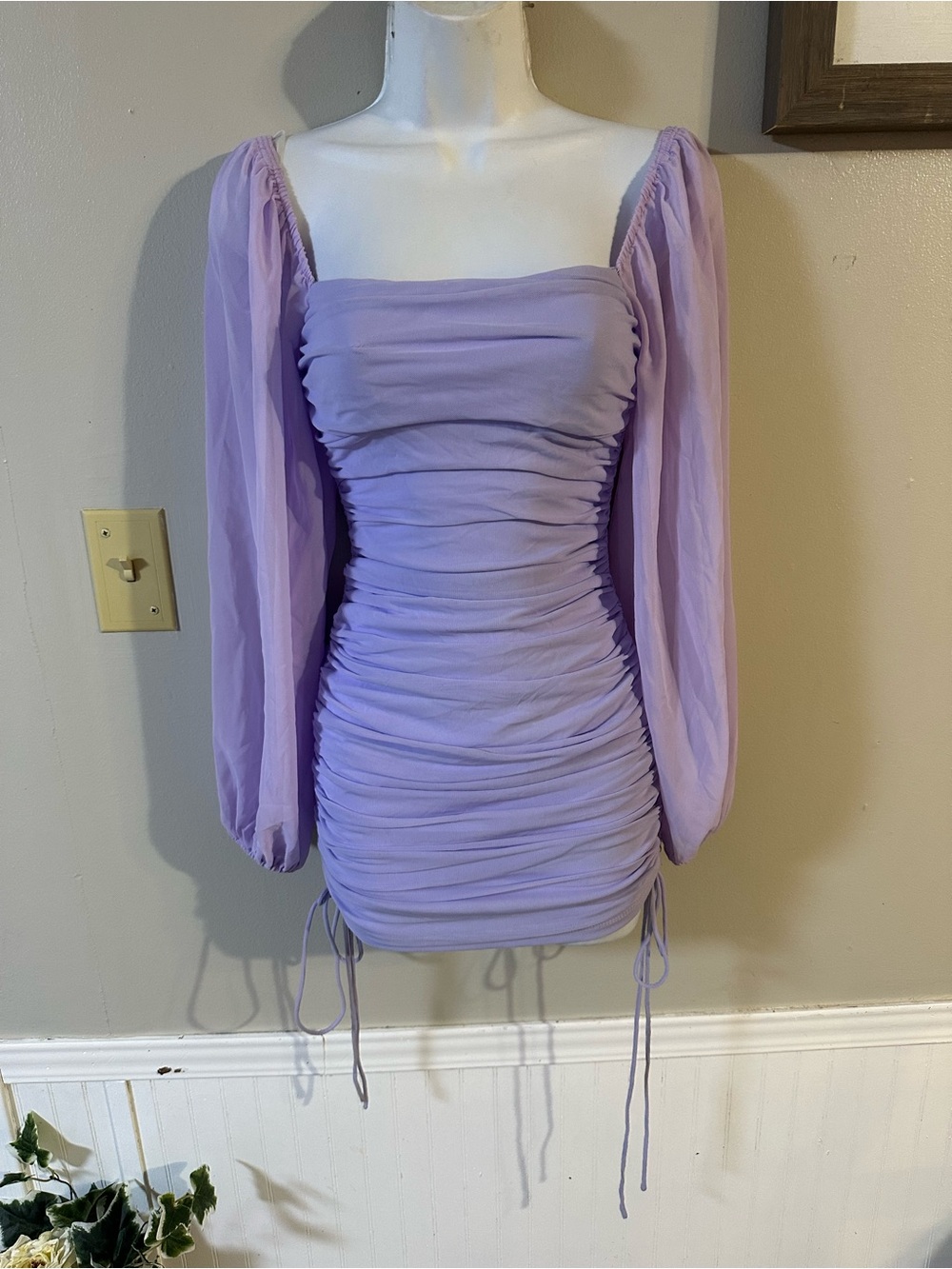 Lavender Ruched Mini Dress with Sheer Bishop Sleeves